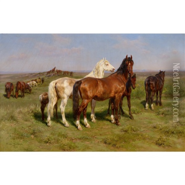 Horses In A Field Oil Painting - Rosa Bonheur