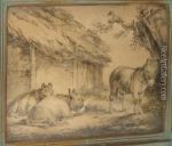 Donkeys By A Thatched Byre Oil Painting - George Morland