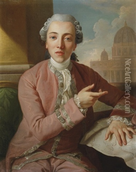 Portrait Of A Gentleman In A Silver-trimmed Pink Coat And A Powdered Wig Oil Painting - Antoine de Favray