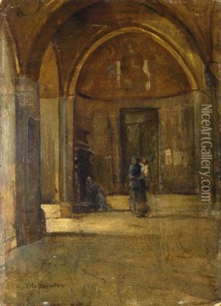 Interno Di Chiesa Con Madre E Figlio Oil Painting - Alphons Hollaender