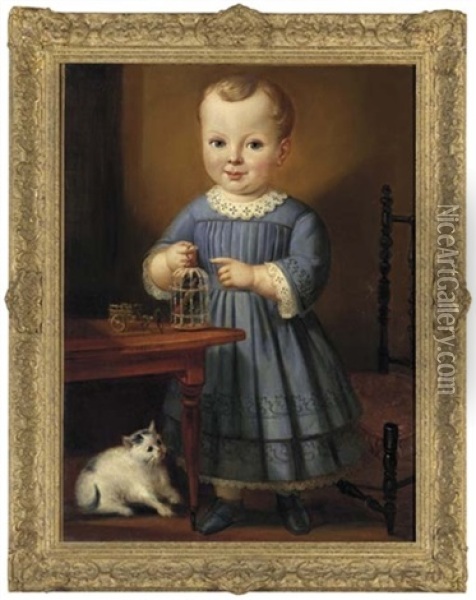 Portrait Of A Child With Bird And Cat Oil Painting - James Sanford Ellsworth