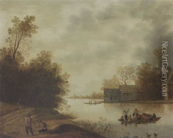 A River Landscape With A Ferry And Figures Resting In The Foreground, Farms Beyond Oil Painting - Anthonie van Stralen