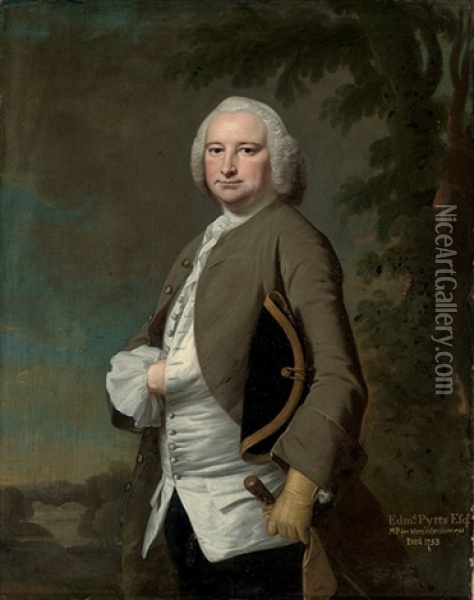 Portrait Of Edmund Pytts Esq., In A Green Coat, A Tricorn Under His Left Arm Oil Painting - Joseph Highmore