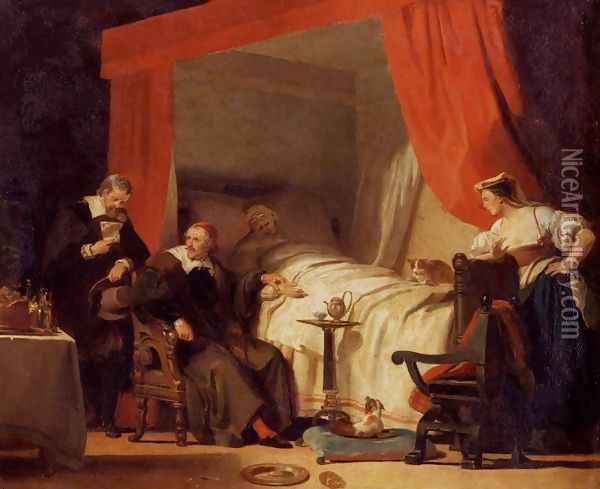 Cardinal Mazarin at the Deathbed of Eustache Le Sueur Oil Painting - Alexandre Evariste Fragonard