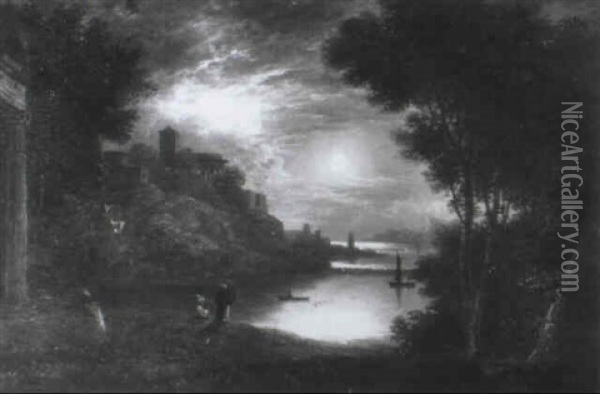 Moonlit River Landscape With Figures Oil Painting - Sebastian Pether