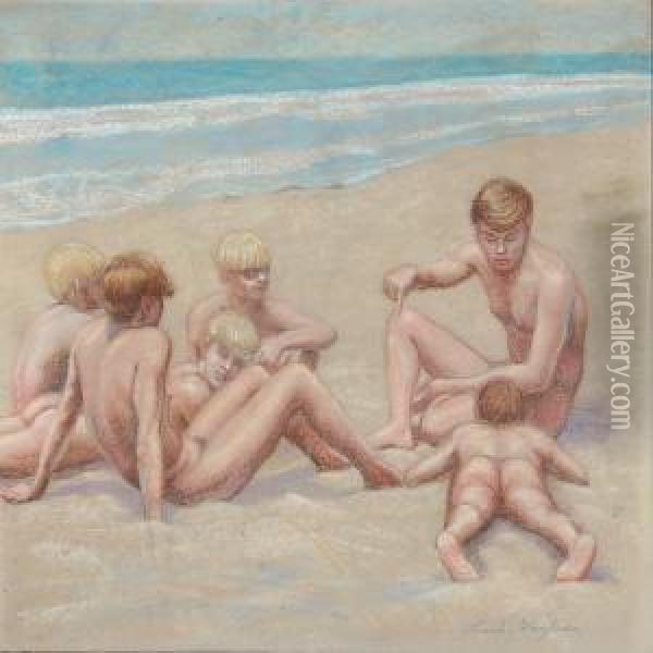 Beach Scene With Nude Boys Oil Painting - Frank Thompson