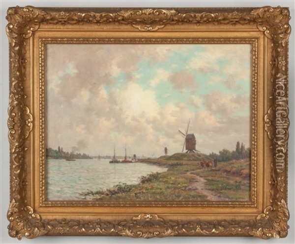 Canal Scene With Windmill Oil Painting - Victor Bruguirolles