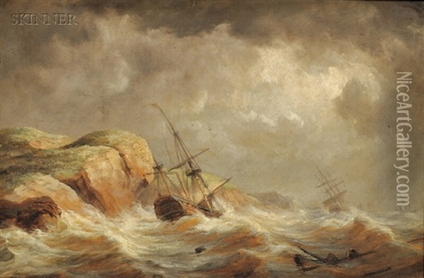 Ships Along A Rocky Coast (+ Ship Ashore; 2 Works) Oil Painting - James Hamilton
