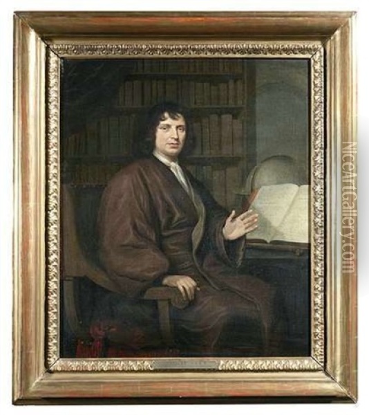 Bildnis Eines Gelehrten In Seiner Bibliothek Vor Einem Aufgeschlagenen Folianten, Im Hintergund Ein Globus Oil Painting - Nicolaes Maes