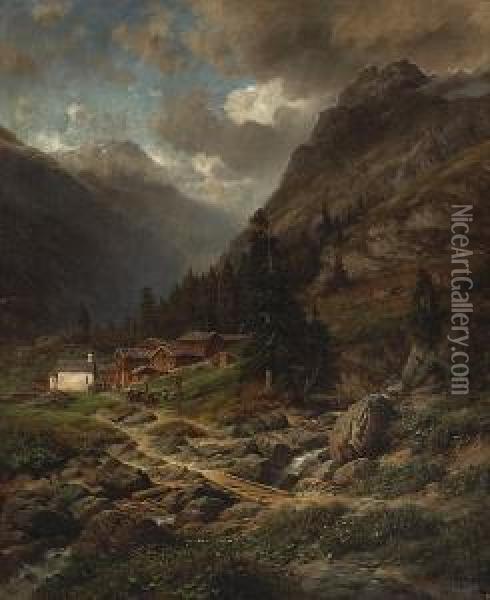 An Alpine Landscape With Figures Outside A Village Oil Painting - Georg Engelhardt