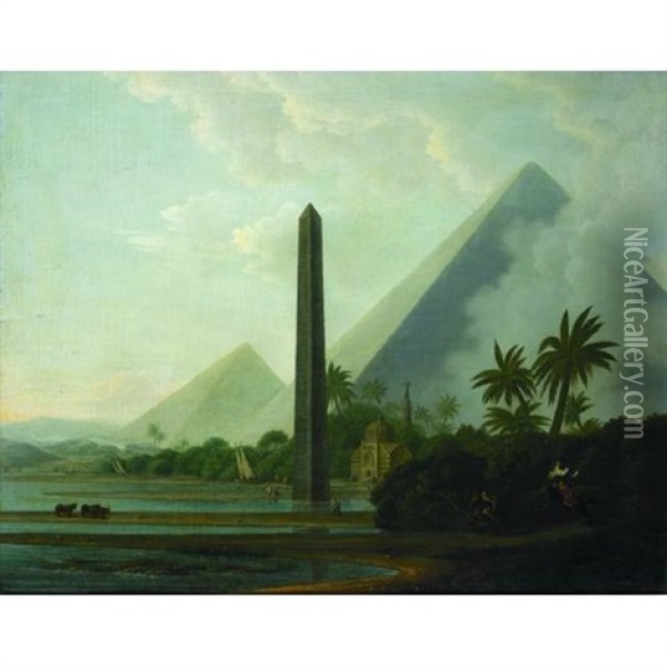 An Egyptian Scene With Pyramids, An Obelisk And A Mosque With Dhows, Cattle And Mounted Warriors In The Foreground Oil Painting - William Daniell