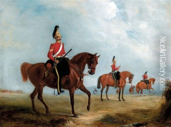 A Sergeant Of The 1st Or Royal Regiment Of Dragoons With Other Mounted Members Of His Regiment Oil Painting - John Ferneley Jr.