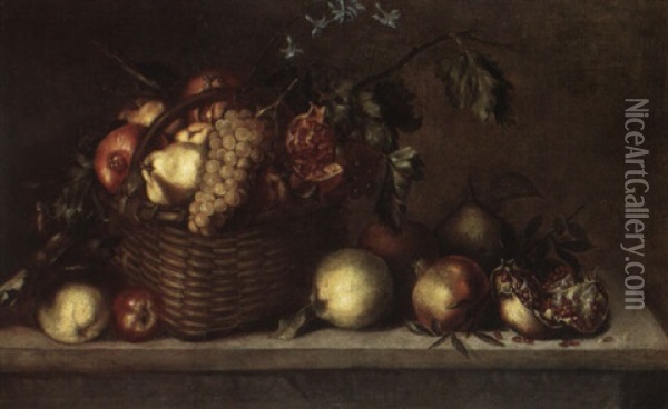 Still Life With A Basket Of Fruit On A Stone Plinth Oil Painting - Antonio Ponce