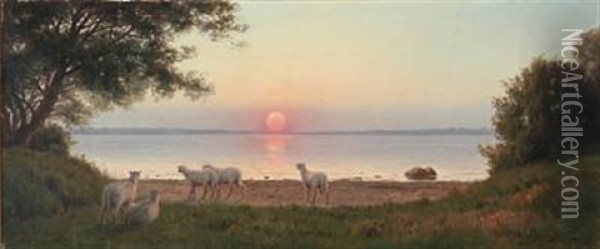 Solnedgang Paa Faeno Ved Lillebelt - Sunset On Faeno By Little Belt Oil Painting - Axel Birkhammer