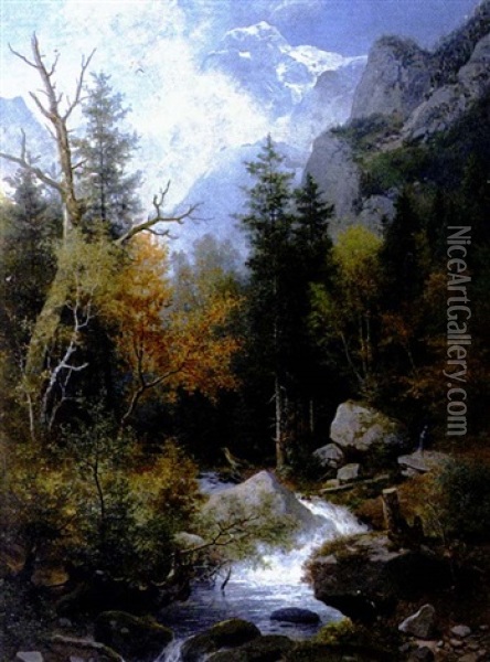 Waldige Hochgebirgslandschaft Mit Reissendem Bach Und Leuchtendem Gipfel Oil Painting - August Leonhardi