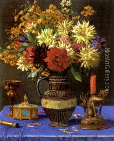 Groser Bunter Blumenstraus In Keramikvase Auf Blau Gedecktem Tisch Oil Painting - Ernst Albert Fischer