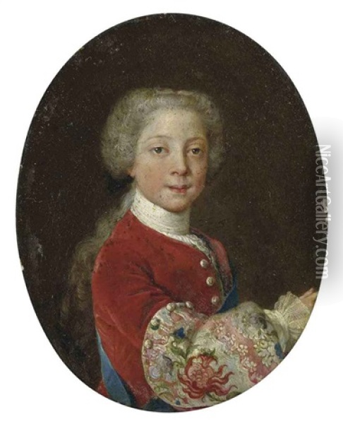 Portrait Of Prince Henry Benedict Stuart As A Boy In A Red Velvet Coat With Elaborately Embroidered Sleeve With Thistle Motif, With The Sash Of The Order... Oil Painting - Antonio David