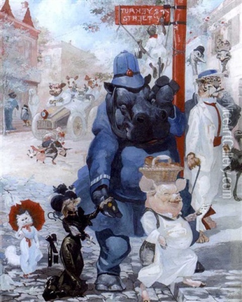 On Turkey Street (+ The Excited Passengers, Watercolor; 2 Works) Oil Painting - Harry Rountree