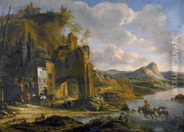 Italienische Landschaft Mit Reitern Und Ruinen Oil Painting - Horatius de Hooch