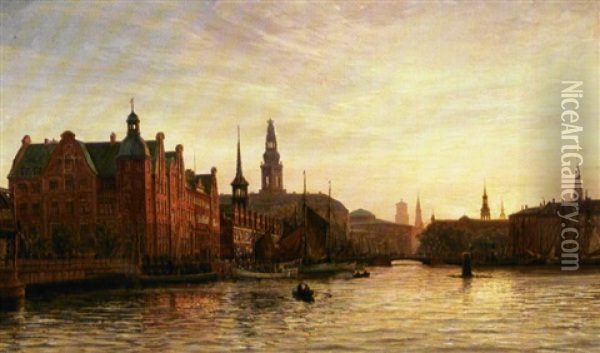 Udsigt Mod Borsen Og Christiansborg Oil Painting - Vilhelm Karl Ferdinand Arnesen
