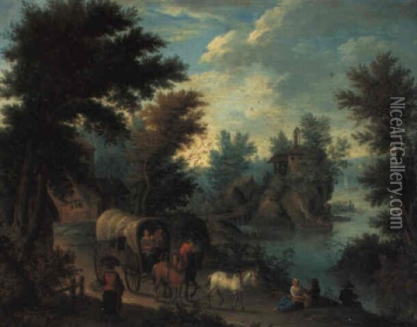 A Wooded River Landscape With Travellers On A Path Oil Painting - Peeter van Bredael