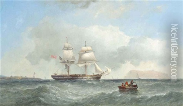 An English Brig Under Reduced Sail Off The Coast With An Island Off Her Port Bow Oil Painting - James Harris