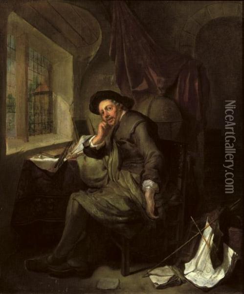 A Scholar Seated At His Writing Desk In An Interior Oil Painting - Hendrick Heerschop or Herschop
