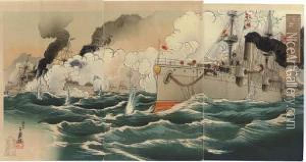 In Russo-japanese War At Chimulpo . . . Oil Painting - Migata Toshihide