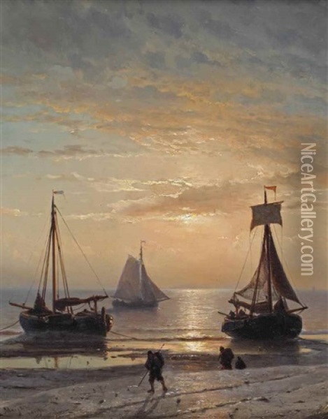 A Beach At Sunset Oil Painting - Johan Hendrik Meyer