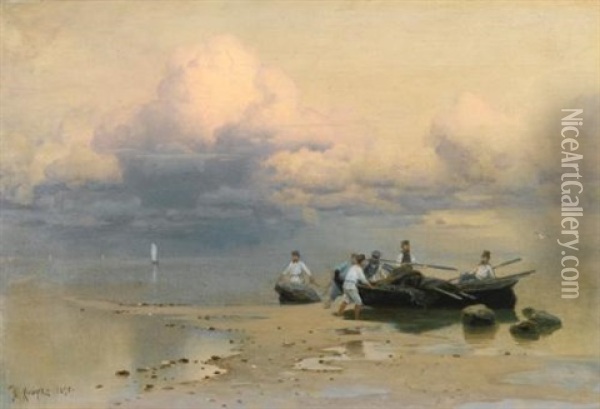 The Fishermen's Return (collab. W/studio) Oil Painting - Yuliy Yulevich (Julius) Klever
