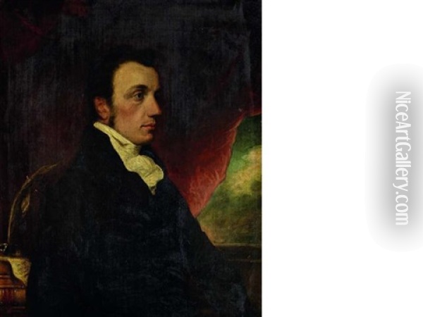 Portrait Of Edward Foss, Under Sheriff Of London And Lawyer, Seated, Quarter-length, Wearing A Dark Coat, Before A Red Swag, Sky Beyond Oil Painting - Thomas Griffiths Wainewright