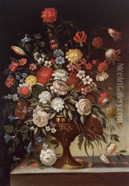 Blumenstraus In Einer Tonvase, Un Mazzo Di Fiori In Un Vaso Ornato Di Oil Painting - Abraham Brueghel
