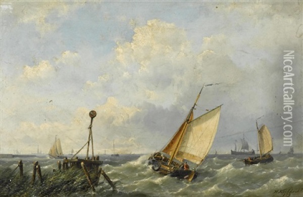 Fishing Boats In A Stiff Breeze Offshore Oil Painting - Hermanus Koekkoek the Younger