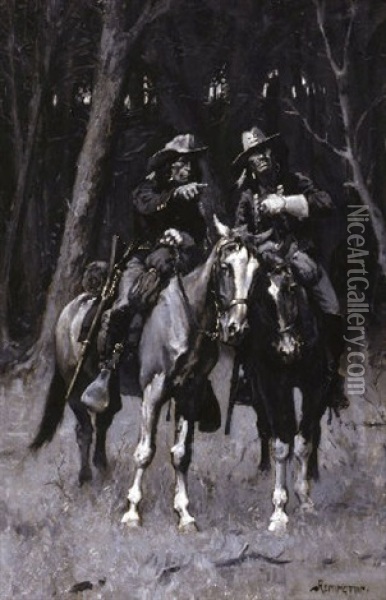 Cheyenne Scouts Patrolling The Big Timber Of The North Canadian, Oklahoma Oil Painting - Frederic Remington