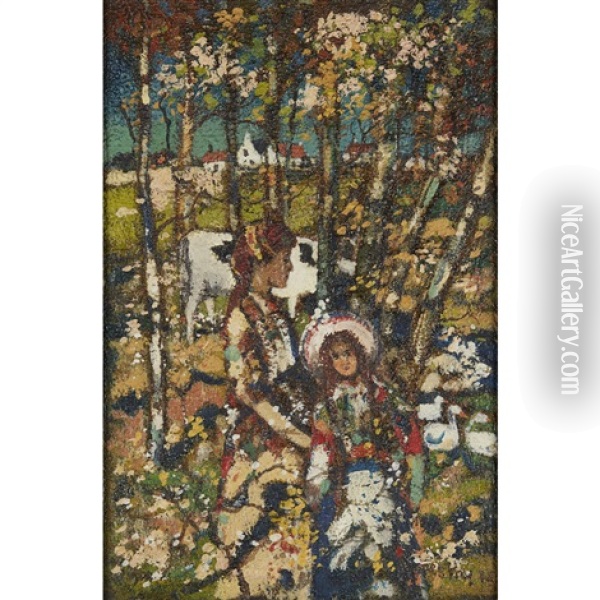 Children And Animals In Woodland Oil Painting - James Kay
