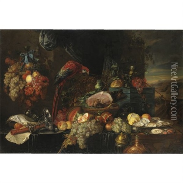 Natura Morta Con Frutta, Ostriche E Un Pappagallo Oil Painting - Jan Davidsz De Heem