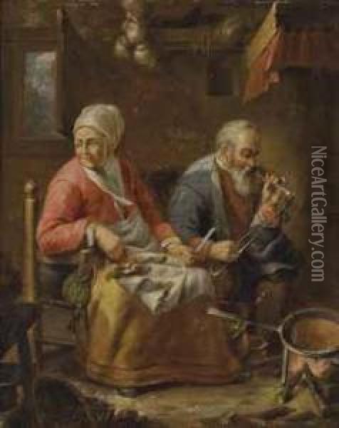 Couple De Paysans Dans Un Interieur Oil Painting - David Teniers Iv