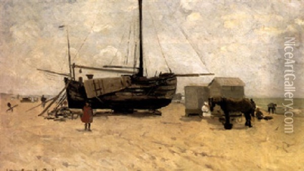 Figures By A Beached Bomschuit, Katwijk Oil Painting - Gerhard Arij Ludwig Morgenstjerne Munthe