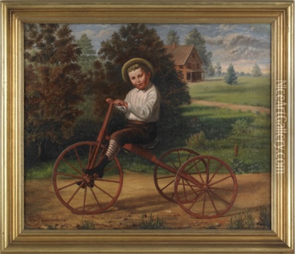 Young Boy Riding A Tricycle Oil Painting - Henry Braunstein