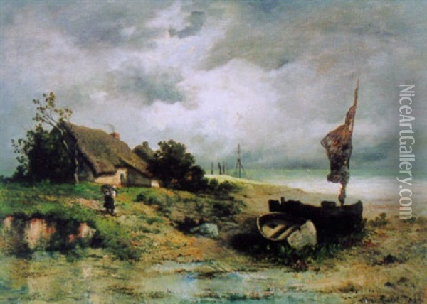 Kustenlandschaft Mit Fischer, Hutten Und Booten Oil Painting - Leon Richet