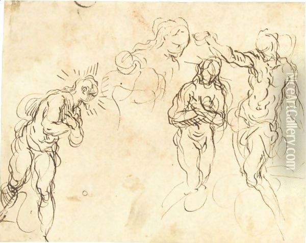 Sheet Of Figure Studies For A Baptism Of Christ Oil Painting - Palma Vecchio (Jacopo Negretti)