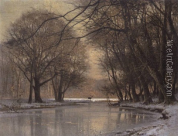 Vinterskovso Med Hjort I Baggrunden Oil Painting - Frederik Niels Martin Rohde