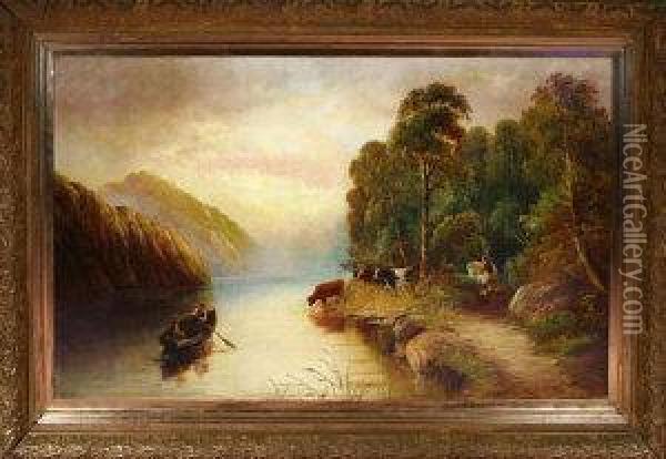 A Rowing Boat On A River With A Farmer Watering Cattle At The Nearby Bank Oil Painting - Henry Harris