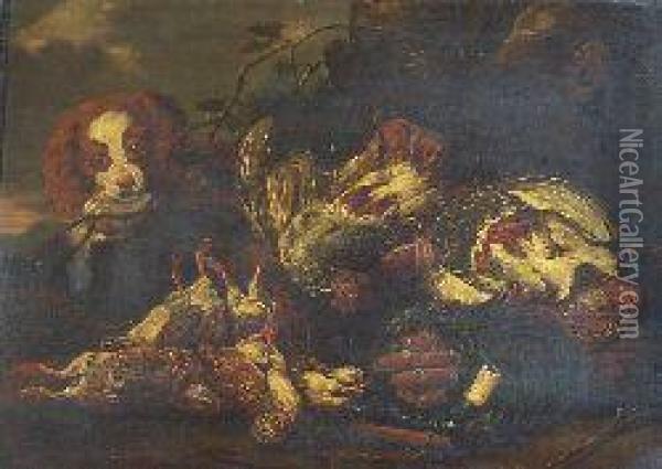 Spaniel And Dead Game In A Landscape Oil Painting - Jan Fyt