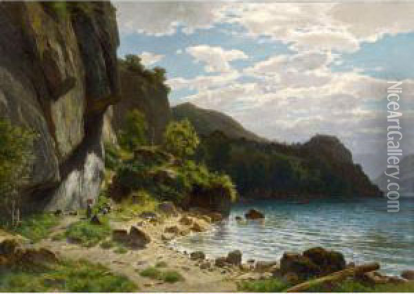 Goatherd With Flock At The Lakeside Oil Painting - Otto Frolicher
