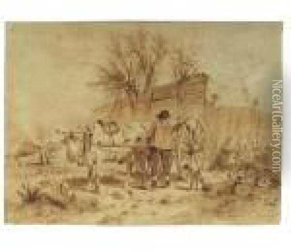 A Ox-drawn Cart With A Farmer And His Dog Near A Stable Oil Painting - Anton Mauve