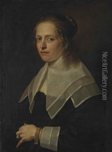 Portrait Of A Lady, Half-length, In A Black Dress With Lace Collar And Cuffs Oil Painting - Ferdinand Bol