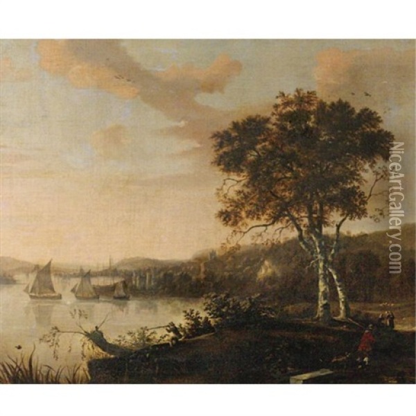 River Landscape With Hunters And A Port In Background Oil Painting - Joseph Farington