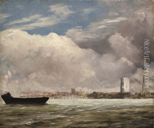 View On The Thames Near Battersea Bridge, With Chelsea Beyond - London Oil Painting - John Constable