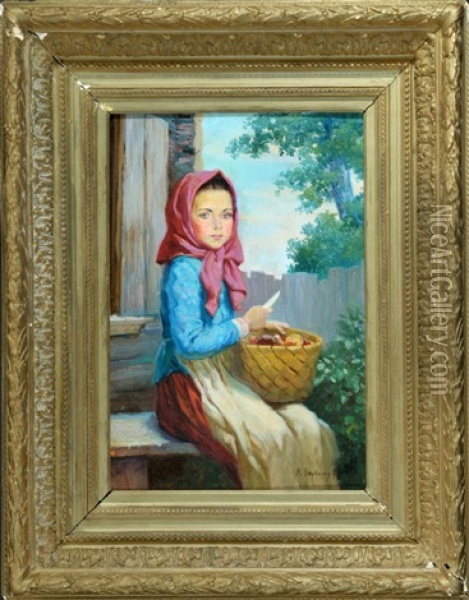Auf Hausbank Sitzendes Madchen Mit Pilzen Oil Painting - Nikolai Petrovich Bogdanov-Bel'sky